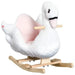 Plush white and pink swan rocking horse with wooden base and soft seat for kids