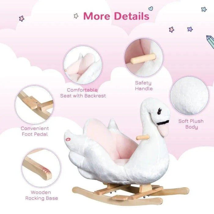 Pink and white swan rocking horse with plush body, wooden base, foot pedal, and safety handle