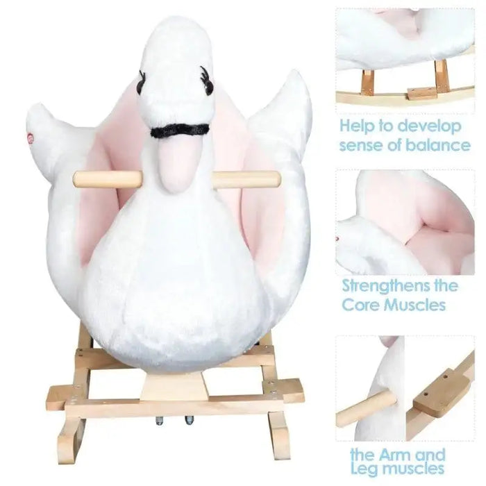 Pink and white swan rocking horse with wooden handles and leg supports for kids