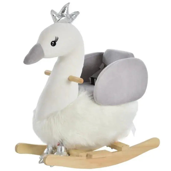 White and grey plush swan rocking horse with silver crown, wooden base, and soft seat