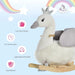 Plush white and grey swan rocking horse with crown, wooden base, and cute kids design