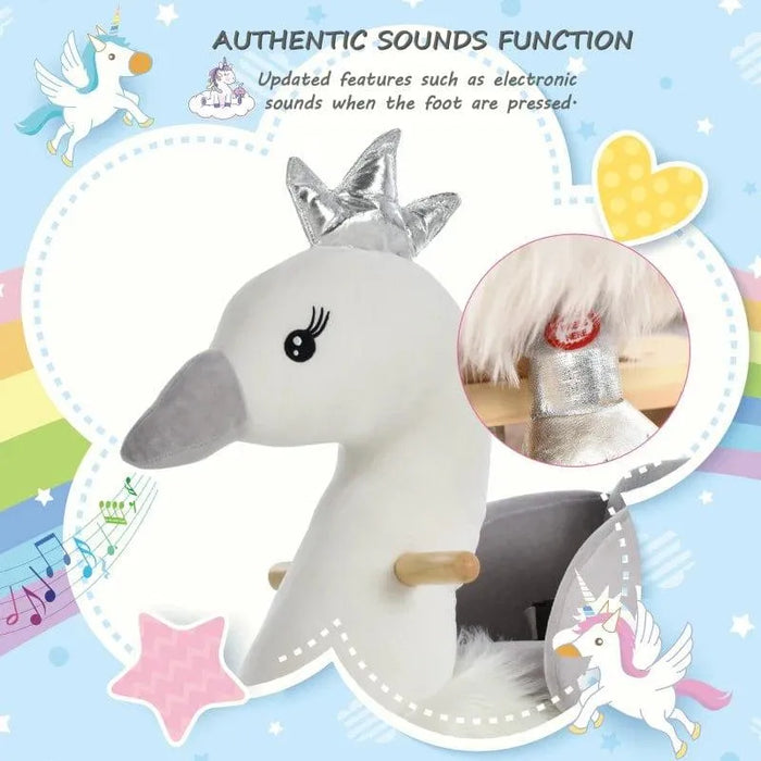 White and grey plush swan rocking horse with silver crown, wooden handles, and sound function