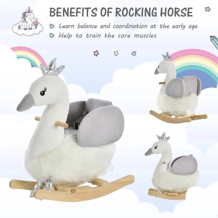 White and grey plush swan rocking horse with crown, wooden base, child seat, rainbows background