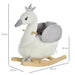 White and grey plush swan rocking horse with silver crown, wooden base, and size dimensions.