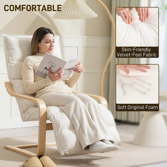 Woman reading a book in a beige armchair with comfort features highlighted.