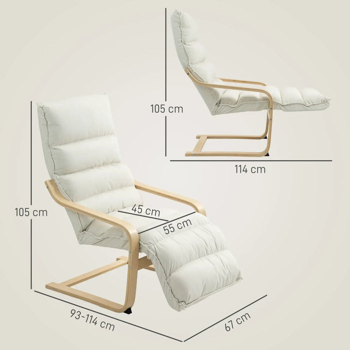White recliner chair with wooden frame and measurements on a beige background