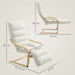 White recliner chair with wooden frame and measurements on a beige background