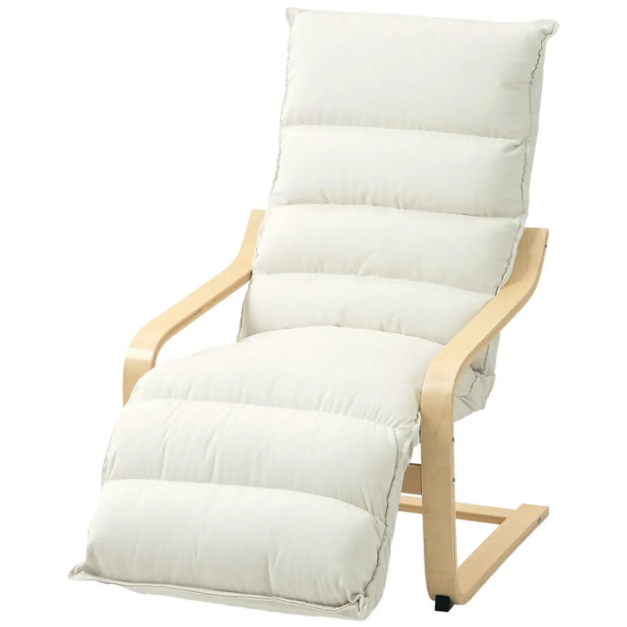 White cushioned chair with wooden frame on a white background