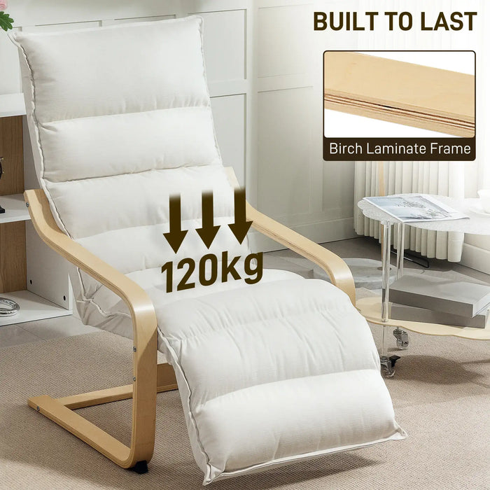 White recliner chair with wooden frame in a room setting, highlighting weight capacity and material.