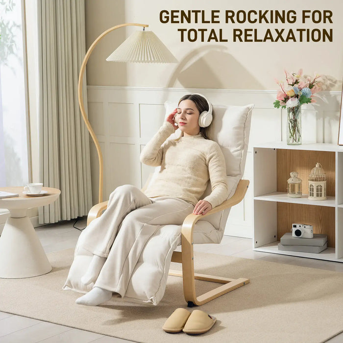 Woman sitting in a rocking chair with headphones on, surrounded by home decor elements.