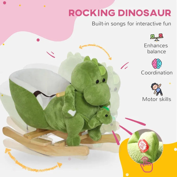 Rocking Ride-On Dinosaur with a Dino Hand Puppet, Safety Belt and 32 Songs - Little and Giant Explorers AIYAPLAY