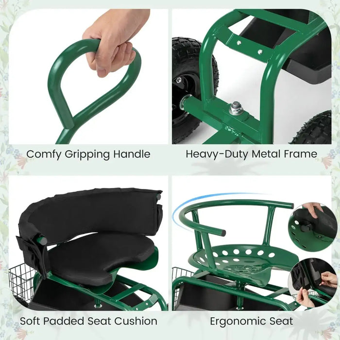 Rolling Garden Cart Scooter – Green | Adjustable Swivel Seat - 180kg Capacity COSTWAY - Little and Giant Explorers Costway
