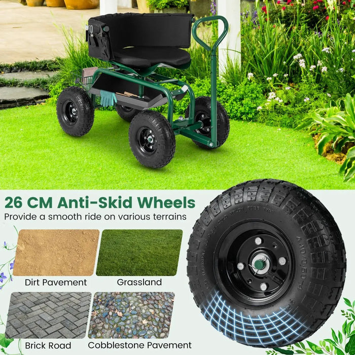 Rolling Garden Cart Scooter – Green | Adjustable Swivel Seat - 180kg Capacity COSTWAY - Little and Giant Explorers Costway