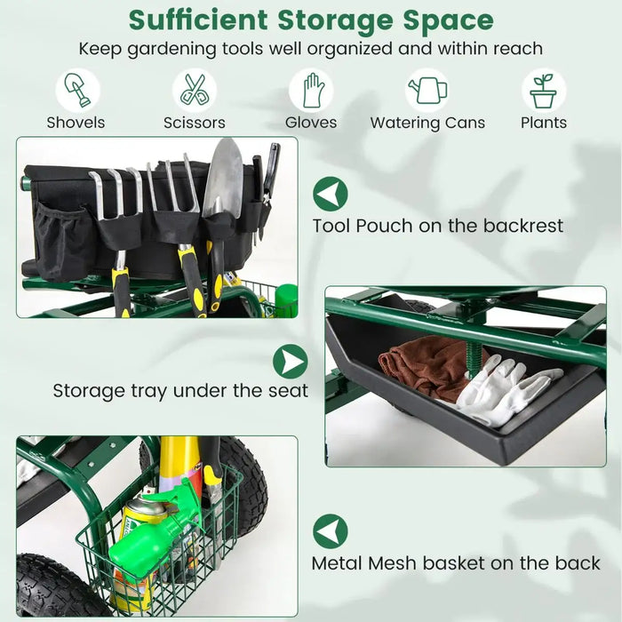Rolling Garden Cart Scooter – Green | Adjustable Swivel Seat - 180kg Capacity COSTWAY - Little and Giant Explorers Costway