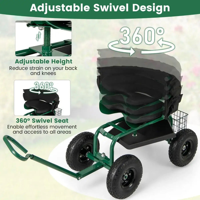 Rolling Garden Cart Scooter – Green | Adjustable Swivel Seat - 180kg Capacity COSTWAY - Little and Giant Explorers Costway