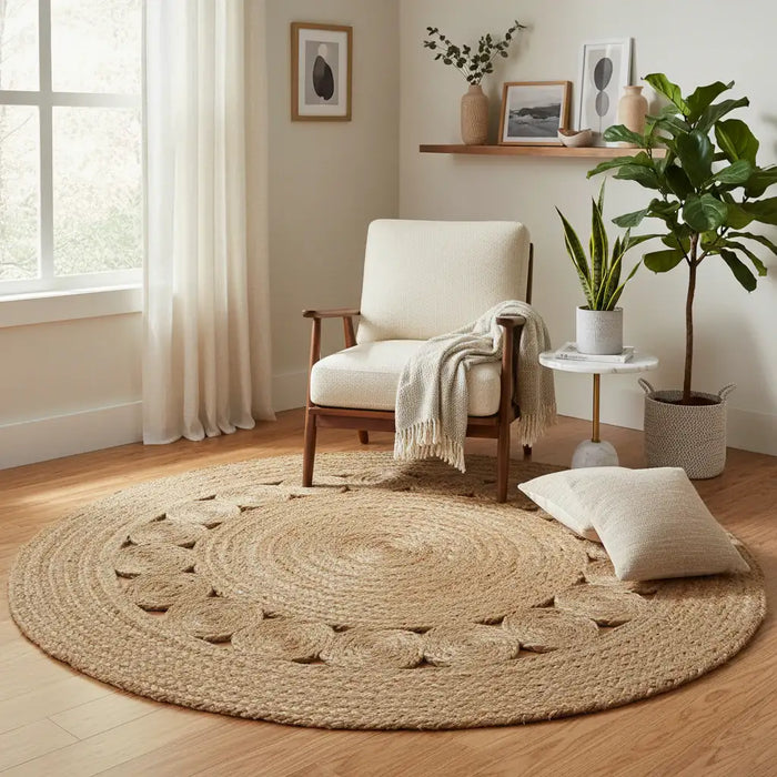 Round woven mat with a concentric circle pattern on a white background