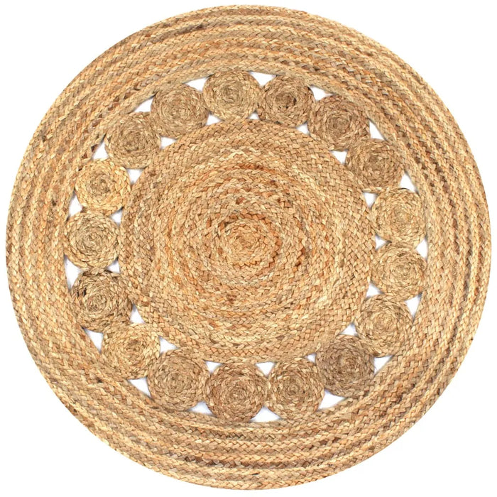Round woven mat with a concentric circle pattern on a white background
