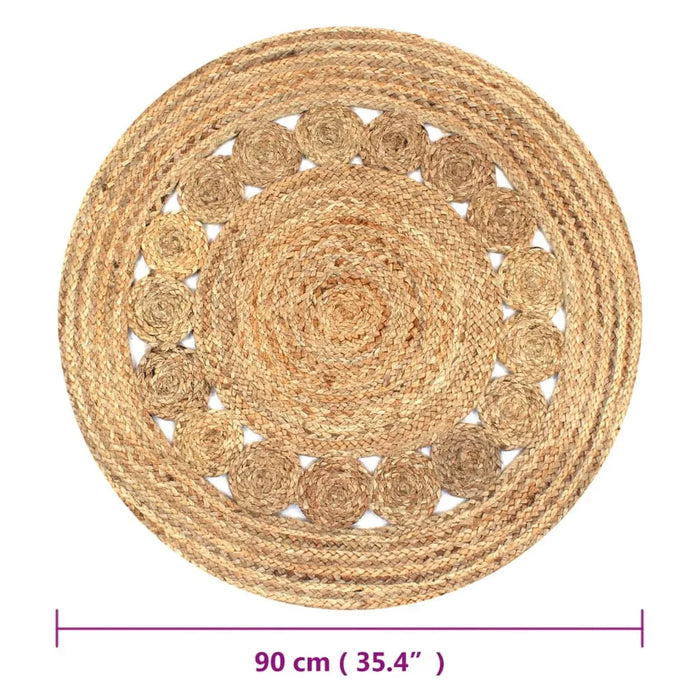 Round woven mat with a measurement label indicating its size on a white background
