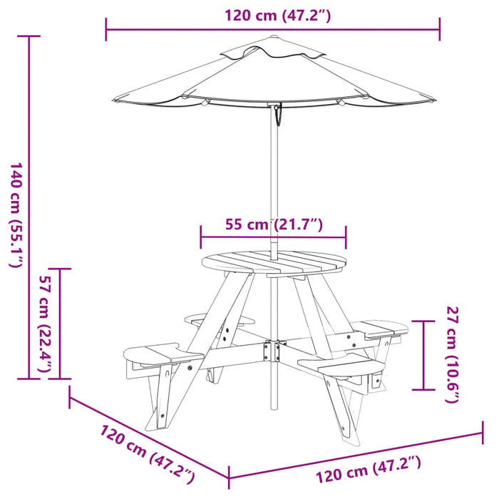 Round Picnic Table for 4 Kids with Striped Umbrella in Solid Wood Fir - Little and Giant Explorers vidaXL