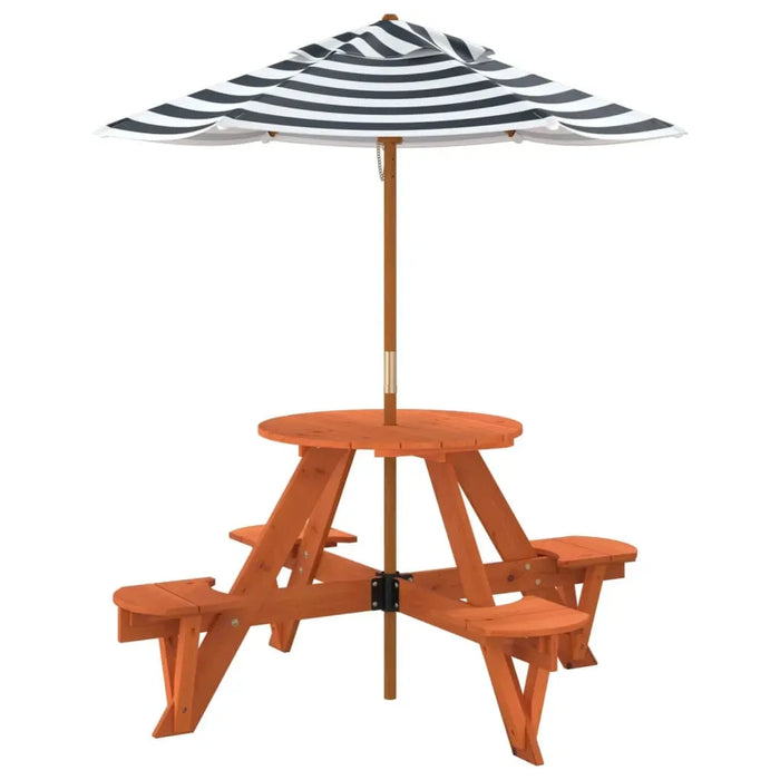 Round Picnic Table for 4 Kids with Striped Umbrella in Solid Wood Fir - Little and Giant Explorers vidaXL