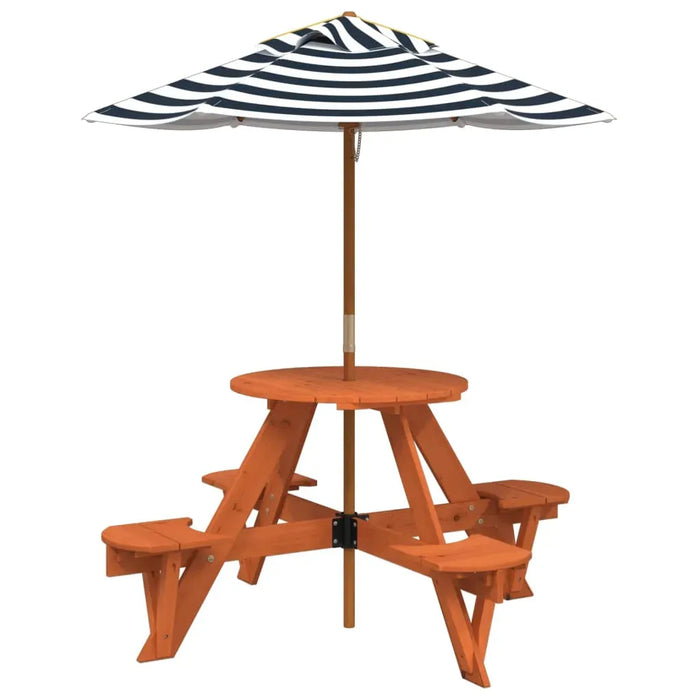 Round Picnic Table for 4 Kids with Striped Umbrella in Solid Wood Fir - Little and Giant Explorers vidaXL