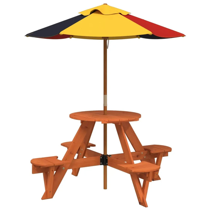 Round Picnic Table for 4 Kids with Umbrella in Solid Wood Fir - Little and Giant Explorers vidaXL