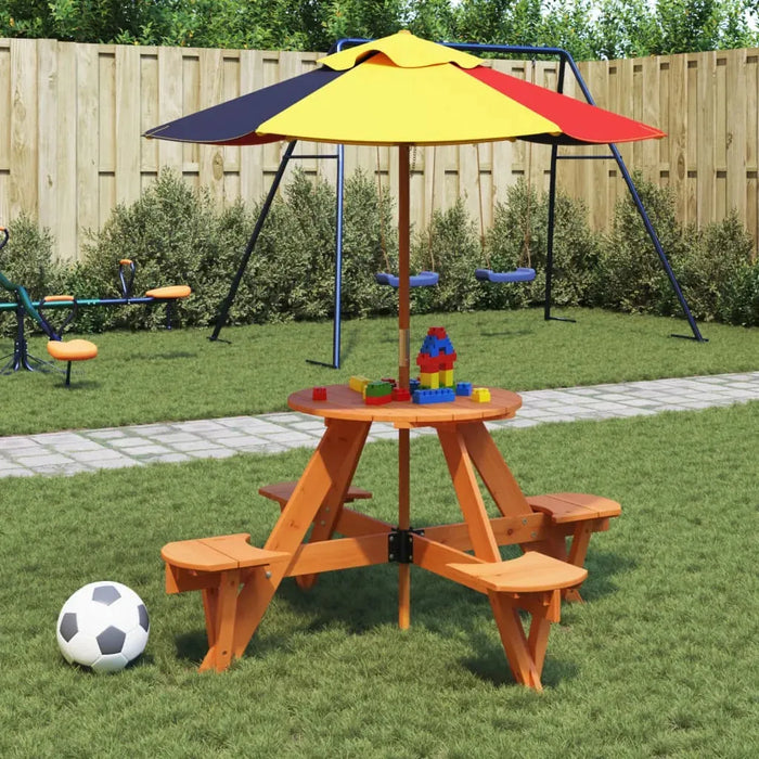 Round Picnic Table for 4 Kids with Umbrella in Solid Wood Fir - Little and Giant Explorers vidaXL