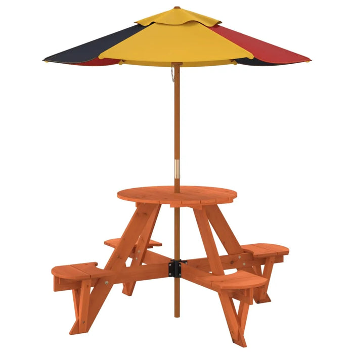 Round Picnic Table for 4 Kids with Umbrella in Solid Wood Fir - Little and Giant Explorers vidaXL