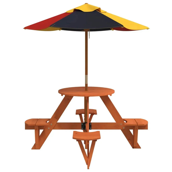 Round Picnic Table for 4 Kids with Umbrella in Solid Wood Fir - Little and Giant Explorers vidaXL