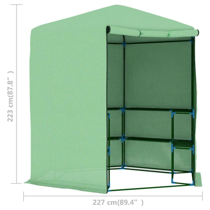 Green walk-in greenhouse with PE mesh cover, shelves, and open entrance, 2.27m height