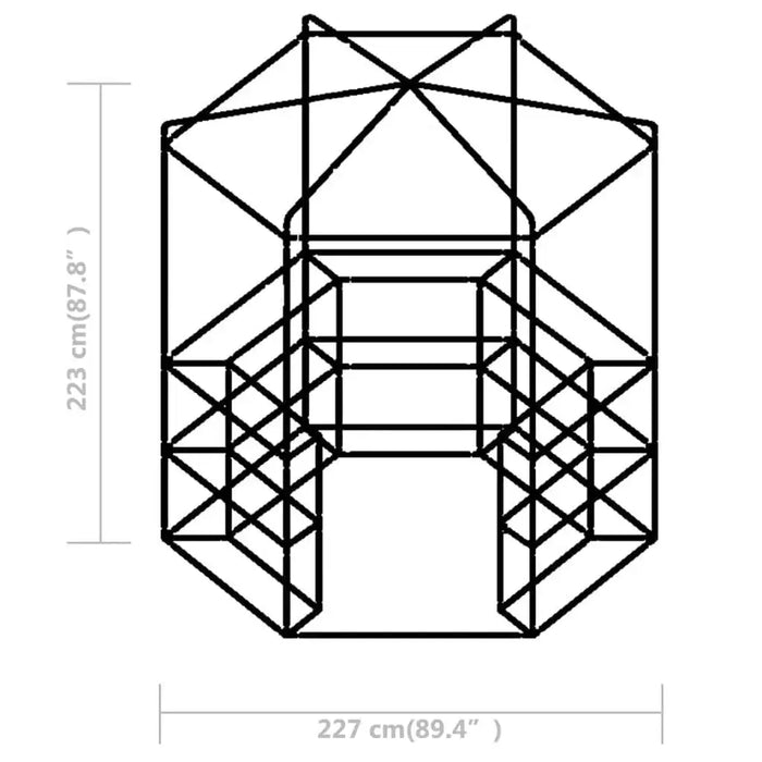 Diagram of a round walk-in greenhouse with shelves, 227x223 cm, black line structure