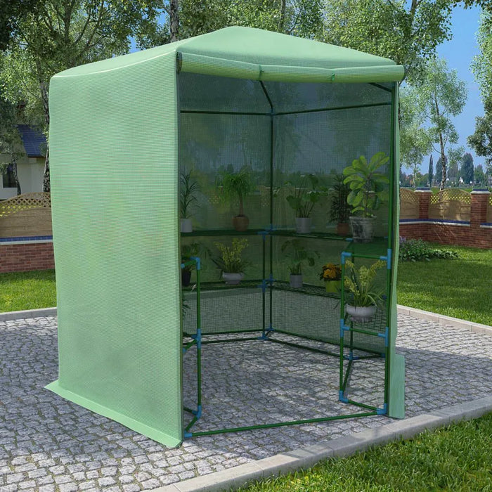 Round walk-in greenhouse with shelves, mesh PE cover, potted plants on patio