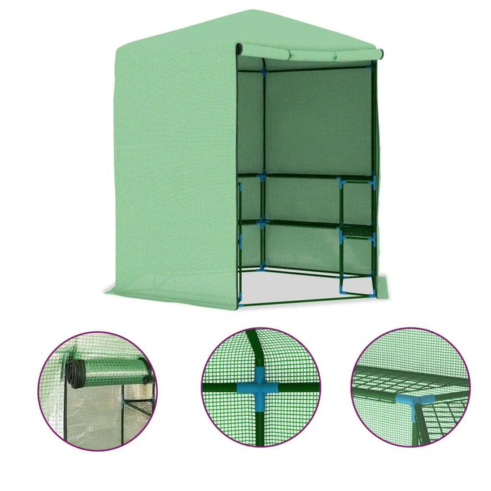 Green walk-in greenhouse with shelves, mesh cover, and close-up frame details