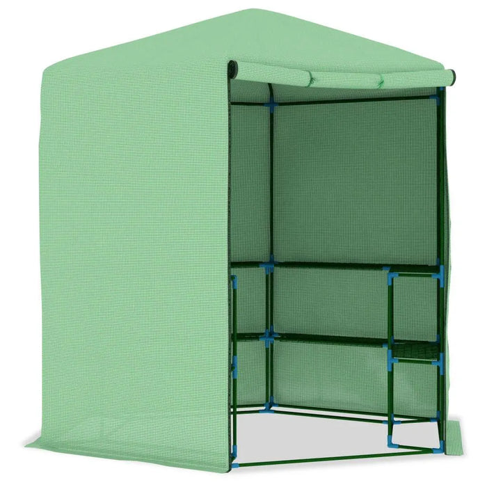 Green walk-in greenhouse with shelves and mesh PE cover for plants