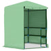 Green walk-in greenhouse with shelves and mesh PE cover for plants