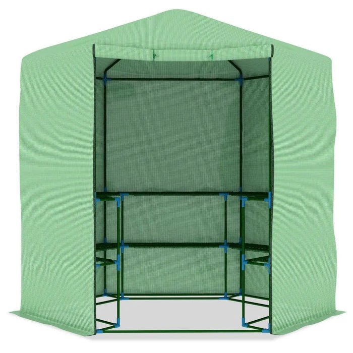 Round walk-in green greenhouse with shelves and PE mesh cover for plants