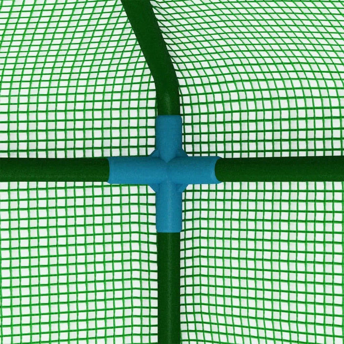 Close-up of round walk-in greenhouse with green mesh PE cover and metal frame connector