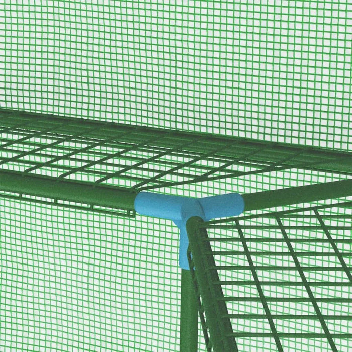 Green mesh greenhouse interior with metal shelving and blue corner joint.