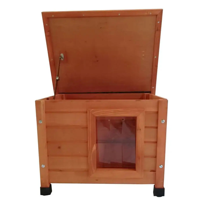 Rustic wooden outdoor cat house with hinged top and flap door, brown finish