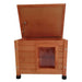 Rustic wooden outdoor cat house with hinged top and flap door, brown finish