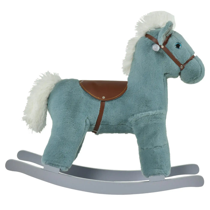 Blue plush rocking horse toy with white mane and tail, brown saddle, on gray rockers