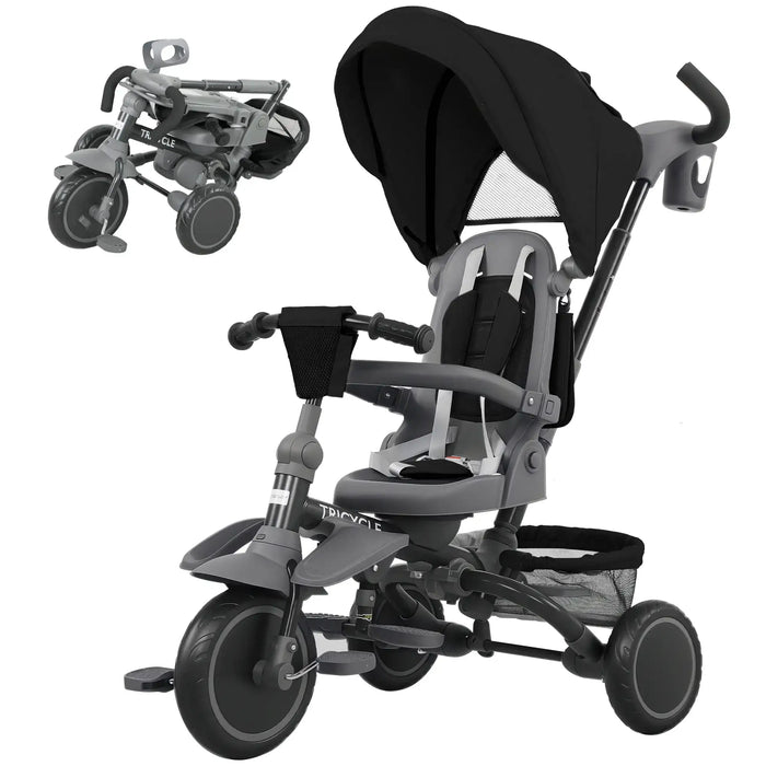 Gray and black children's tricycle with canopy attachment on a white background