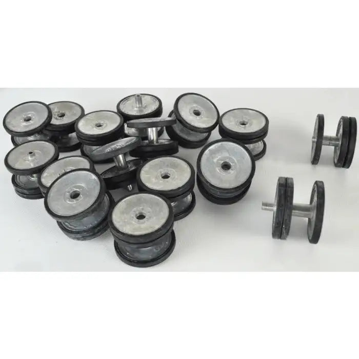 Metal road wheels for 1/16 scale RC Tiger tank model on a white background.