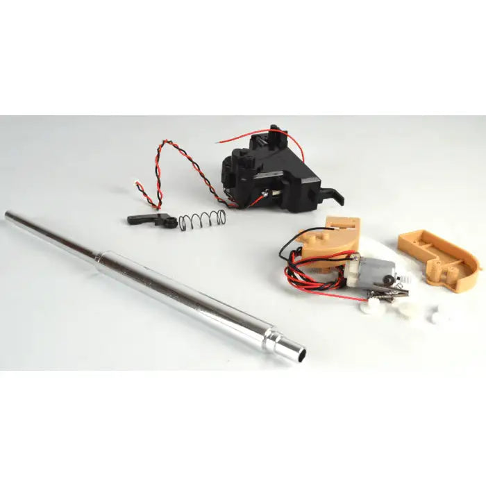 1/16 scale RC Tiger tank self-assembly kit parts, including metal barrel and wiring