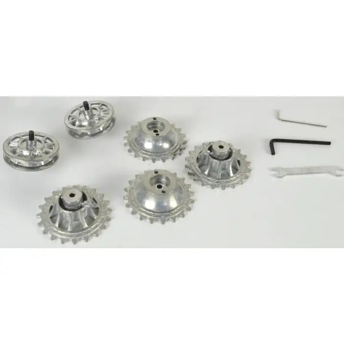Metal sprockets and wheel parts kit with wrenches for 1/16 scale RC Tiger tank model.
