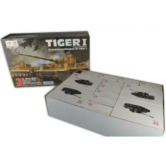 Tiger I 1/16 scale RC tank model kit packaging with inner boxes visible