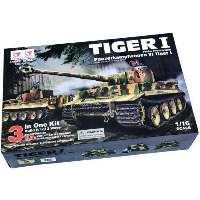 1/16 scale Tiger I RC model tank kit box with camouflage design and detailed graphics