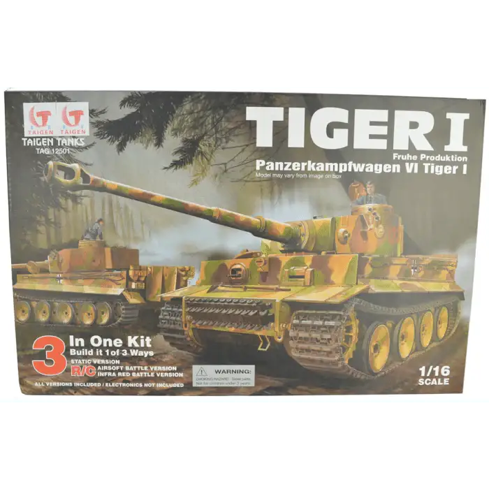 1/16 scale Tiger I self-assembly RC tank model kit box with camouflage design