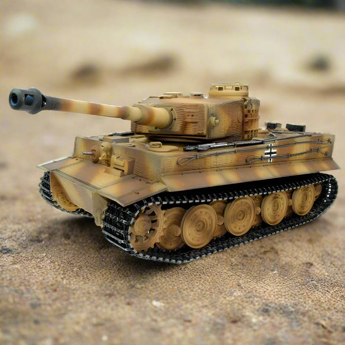 1:16 scale RC Tiger tank model with realistic camouflage and treads on sandy ground