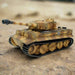 1:16 scale RC Tiger tank model with realistic camouflage and treads on sandy ground